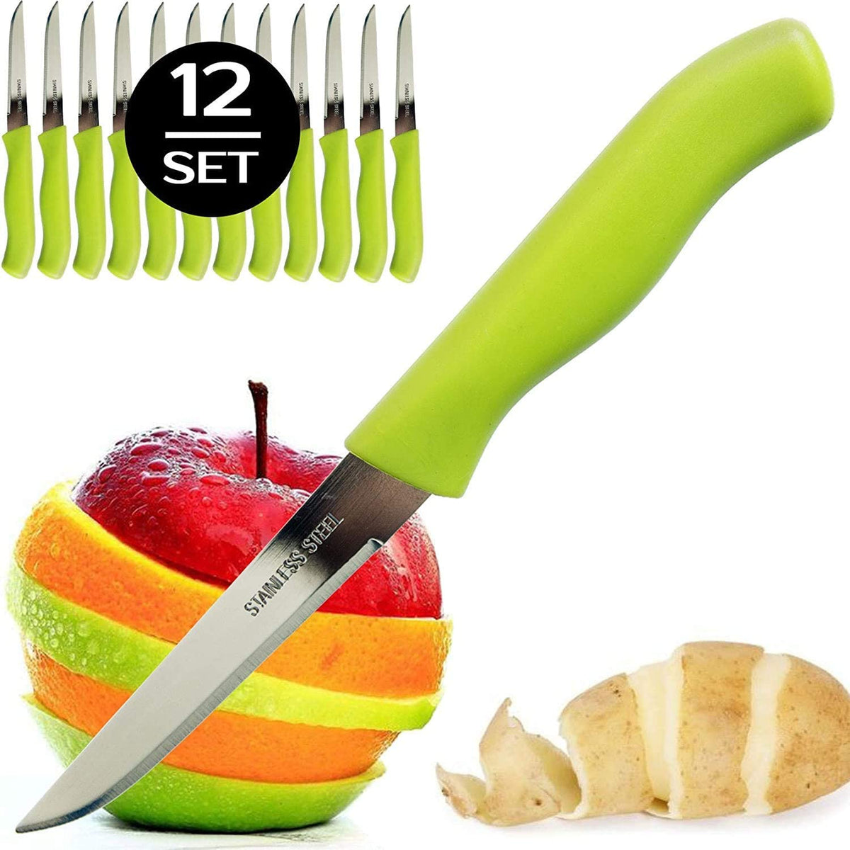Brenium Paring and Garnishing Knife, 12-Piece Set, 3 inch Blade, Fruits, Vegetable, Cutting, Peeling, Size: Total Knife 6.5 in Blade Length: 3.0 in