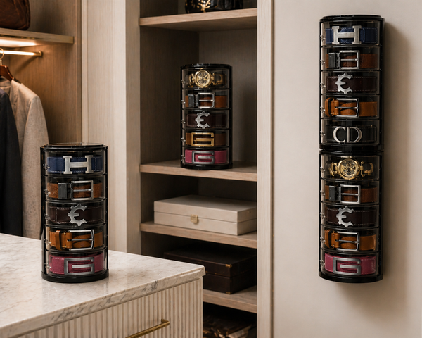 Two ELYPRO Rotating Belt Organizers in a walk-in closet, one on the dresser and one mounted on the wall, each holding rolled belts