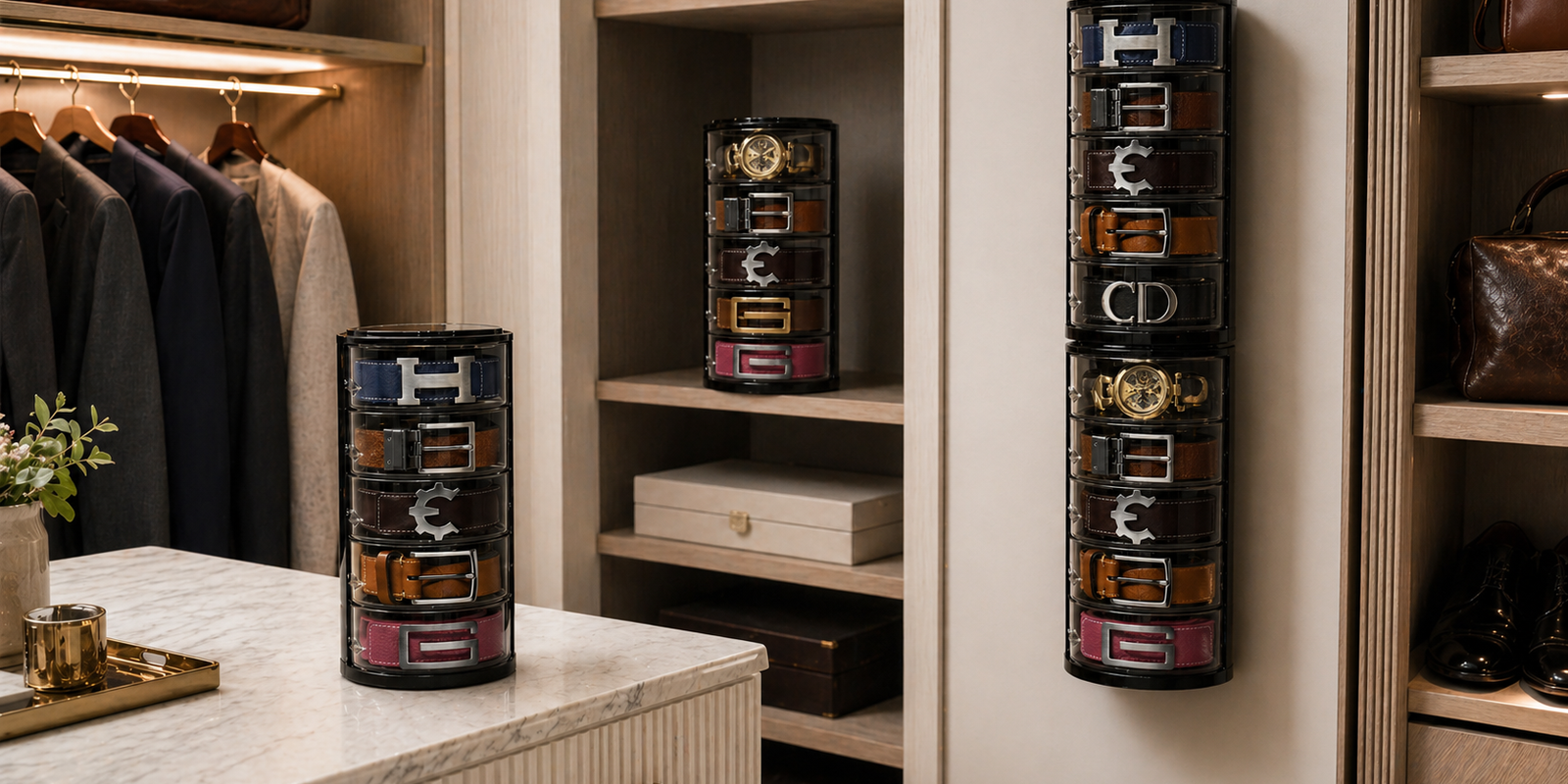 Two ELYPRO Rotating Belt Organizers in a walk-in closet, one on the dresser and one mounted on the wall, each holding rolled belts