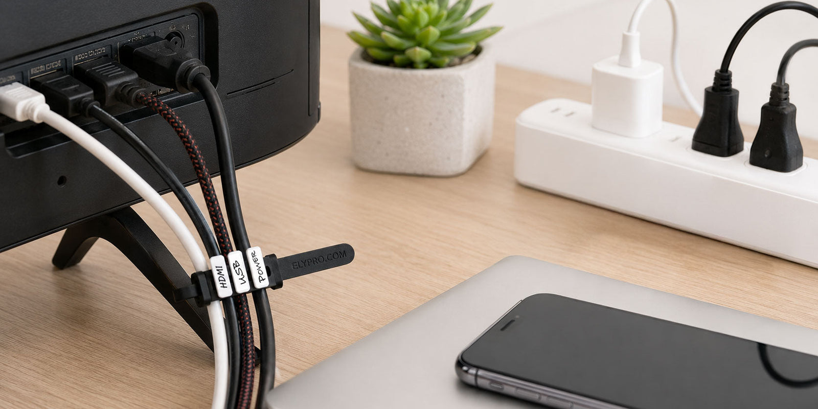 A desk with cables bundled and labelled using ELYPRO reusable cable ties
