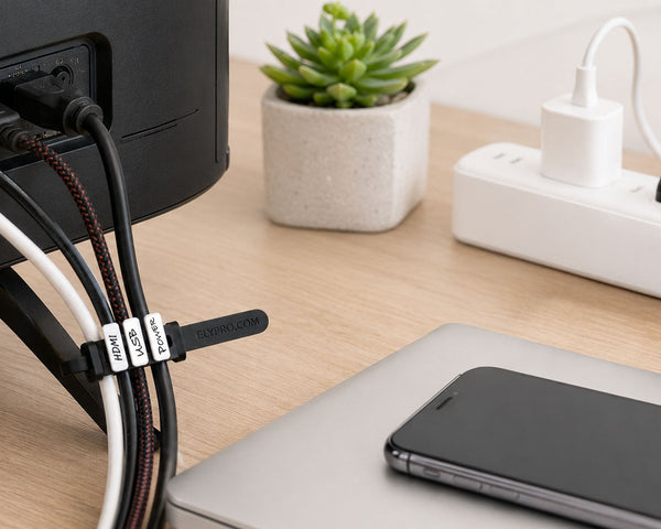 A desk with cables bundled and labelled using ELYPRO reusable cable ties