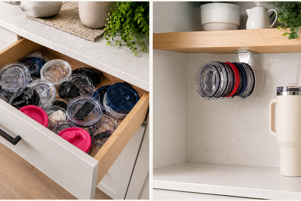 Before and after: a drawer crowded with loose tumbler lids, then the same lids standing upright on an ELYPRO lid organizer