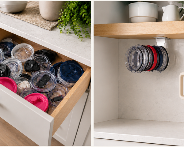 Before and after: a drawer crowded with loose tumbler lids, then the same lids standing upright on an ELYPRO lid organizer
