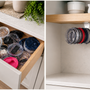 Before and after: a drawer crowded with loose tumbler lids, then the same lids standing upright on an ELYPRO lid organizer