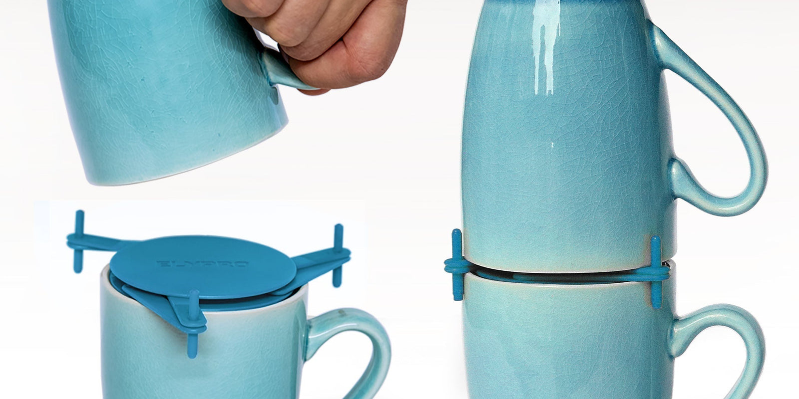 A second mug placed upside down on an ELYPRO Mug Stacker above an upright mug in a kitchen cabinet