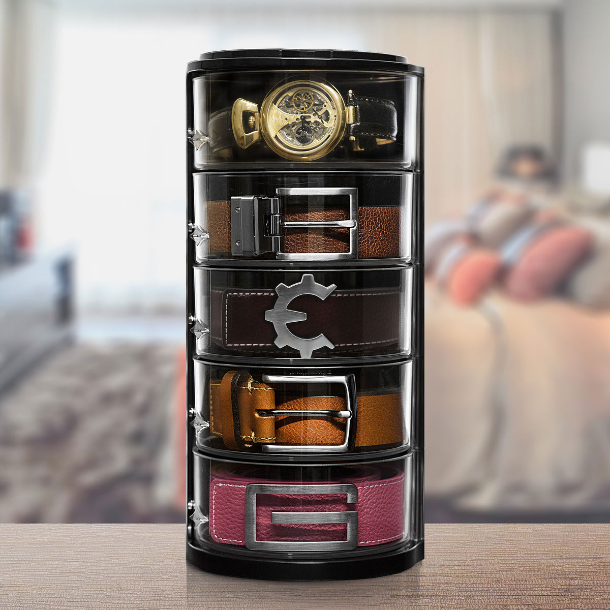 Belt Organizer — Rotating Acrylic Storage for Belts, Watches & Accessories