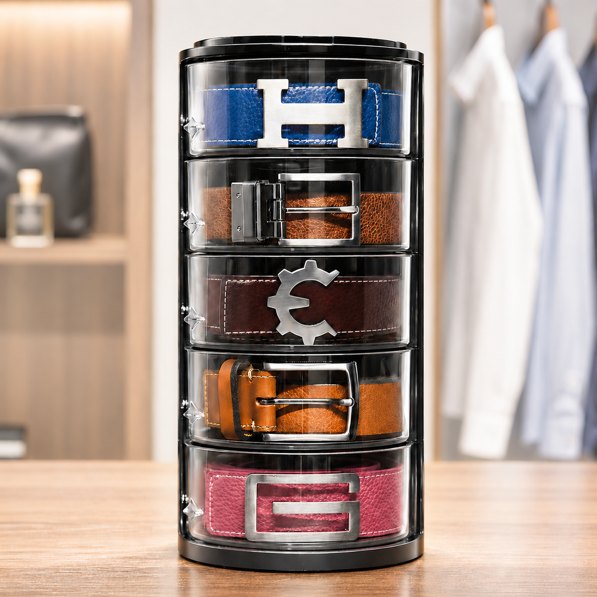 Belt Organizer holding 5 belts inside the closet