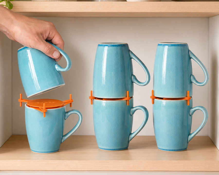 A hand lowering a blue mug onto an orange mug stacker clip, with two stacked mug columns on a cabinet shelf