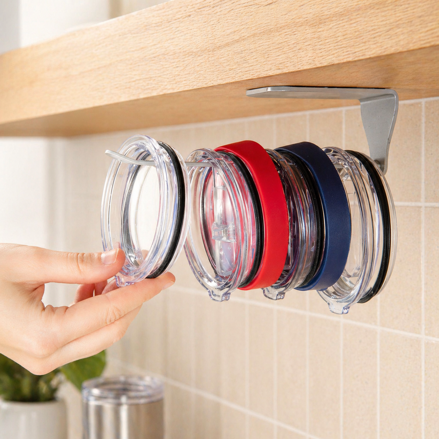 ELYPRO under-cabinet tumbler lid organizer holding a row of tumbler lids beneath a kitchen shelf