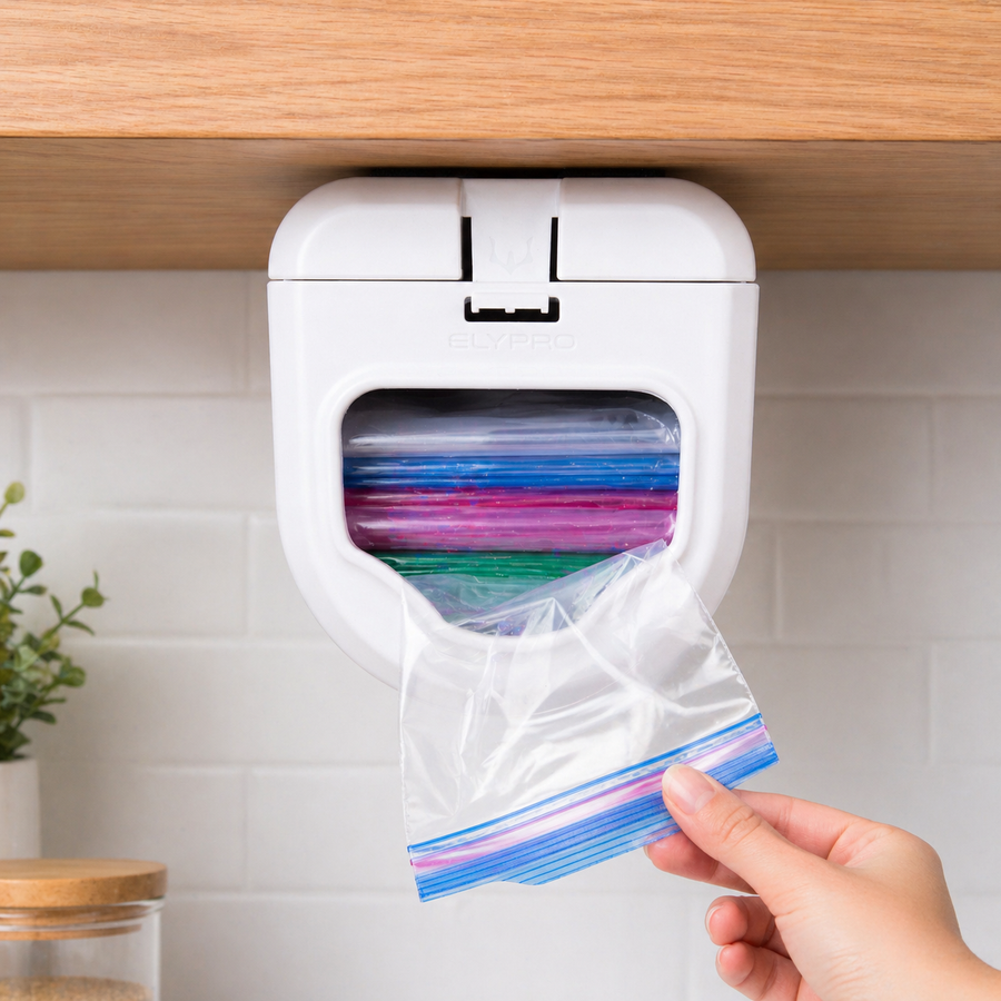 ELYPRO ziplock bag dispenser mounted under a kitchen cabinet with a bag being pulled from the front