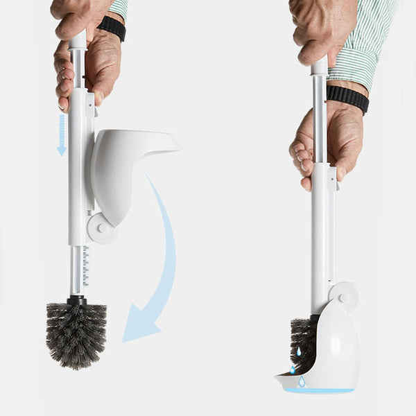 Two hands holding the brush, one with the drip caddy swung open and one with it closed into the base