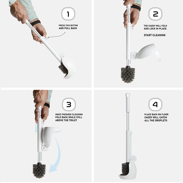 Four steps: press the button and pull back, the caddy folds and locks, fold it back above the toilet, then set it down so the caddy catches the drips