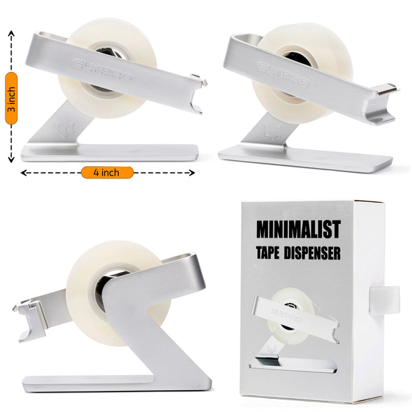 Four views of the tape dispenser with its box, measuring 3 inches tall and 4 inches long