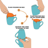 Three-step diagram: place the stacker on a mug, set a second mug on top upside-down, then squeeze the two arms to fit
