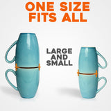 One size fits all: the same orange stacker holding a pair of large mugs and a pair of small mugs
