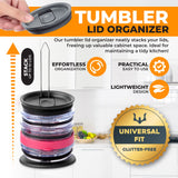 Feature graphic: stacks up to 10 lids, effortless organization, practical, lightweight, universal fit