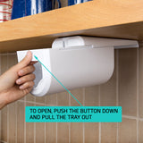 To open, push the button down and pull the tray out, shown with a hand on the dispenser