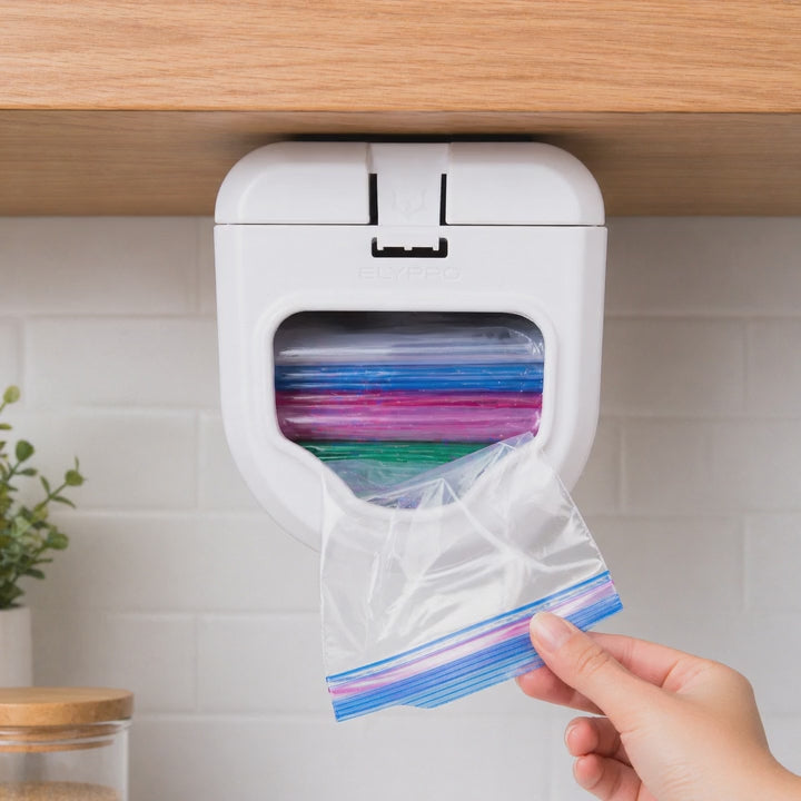 Three bags pulled one at a time from the ELYPRO ziplock bag dispenser mounted under a kitchen cabinet
