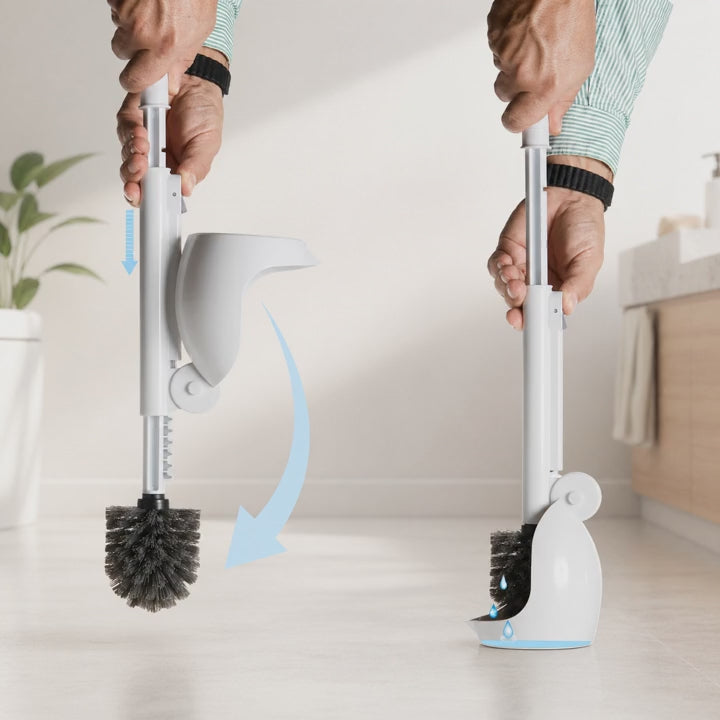 The white ELYPRO toilet brush lifted out of its holder, used at the toilet and put back, with the scoop-shaped holder catching the drips and draining them into the bowl
