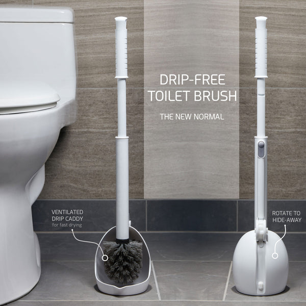 Two brushes beside a toilet, one showing the ventilated drip caddy and one rotated to hide the head away