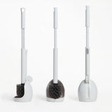 Three stages side by side: brush tilted out, brush upright in the tray, and the brush closed inside its holder