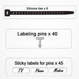 Package contents chart: 8 silicone ties, 40 labelling pins and 45 sticky labels shown reading TV, Phone and Modem