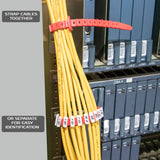 Red tie strapping a bundle of yellow cables in a server rack with labelled ties below, captioned strap cables together or separate for easy identification